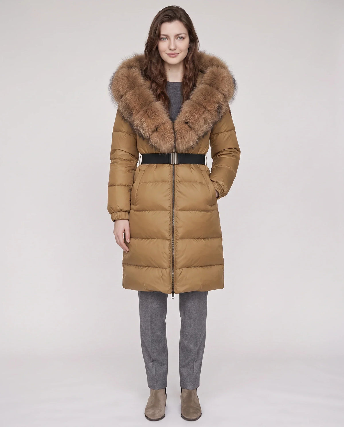 Long belted puffer jacket with a faux fur hood