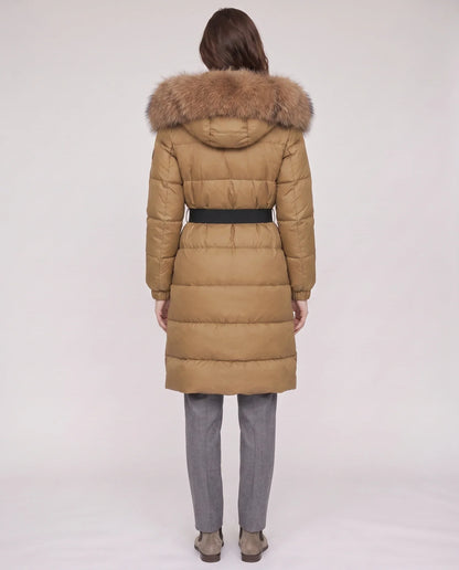 Long belted puffer jacket with a faux fur hood