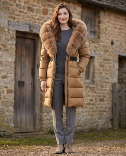 Long belted puffer jacket with a faux fur hood