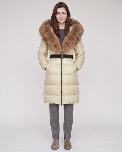 Long belted puffer jacket with a faux fur hood