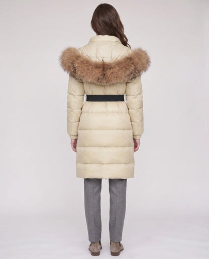 Long belted puffer jacket with a faux fur hood