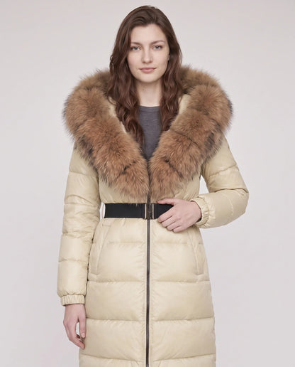 Long belted puffer jacket with a faux fur hood