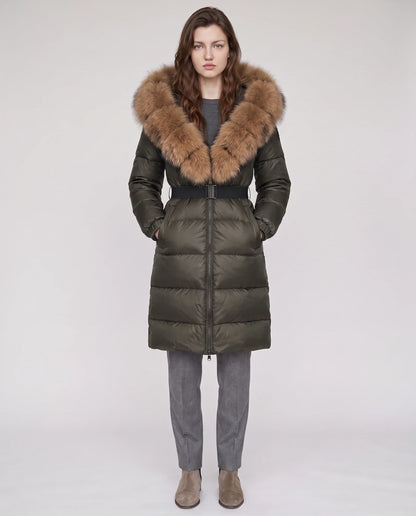Long belted puffer jacket with a faux fur hood