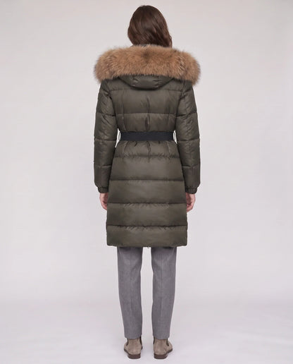 Long belted puffer jacket with a faux fur hood