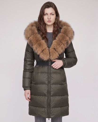 Long belted puffer jacket with a faux fur hood