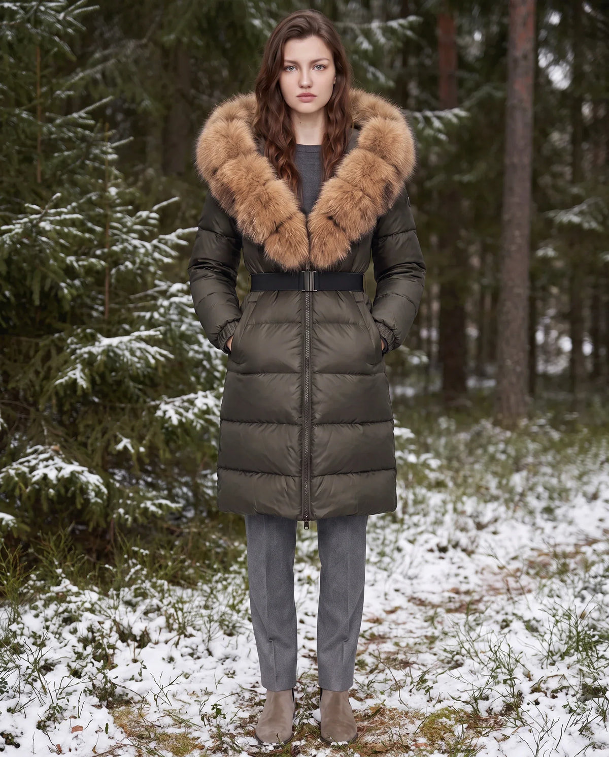 Long belted puffer jacket with a faux fur hood