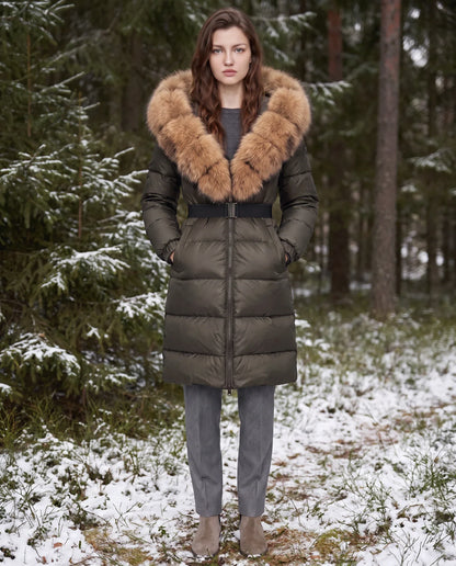 Long belted puffer jacket with a faux fur hood