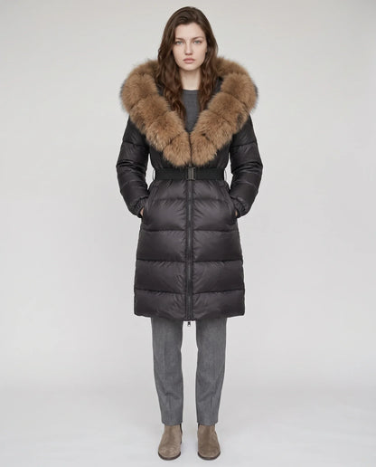 Long belted puffer jacket with a faux fur hood
