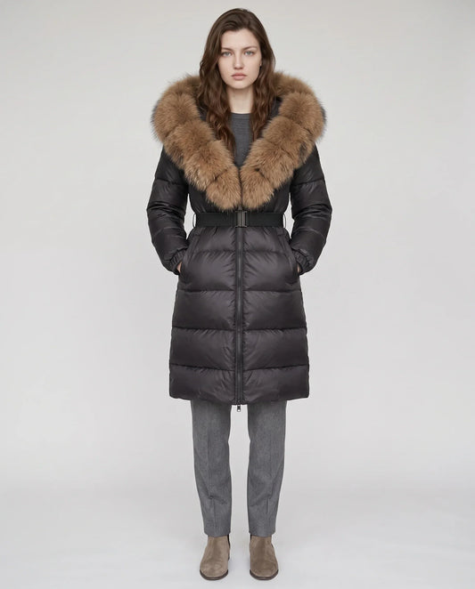 Long belted puffer jacket with a faux fur hood