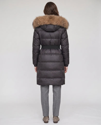 Long belted puffer jacket with a faux fur hood