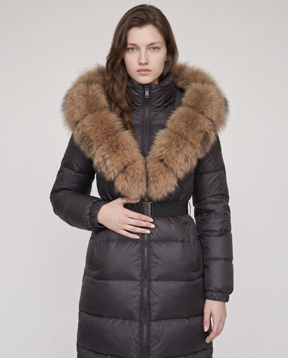 Long belted puffer jacket with a faux fur hood