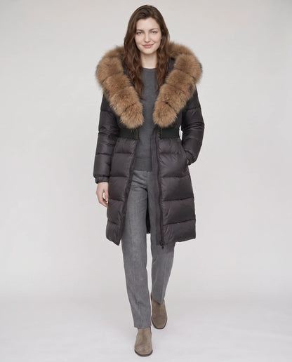 Long belted puffer jacket with a faux fur hood