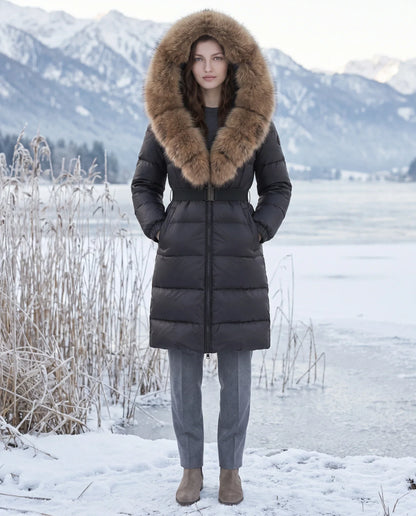Long belted puffer jacket with a faux fur hood