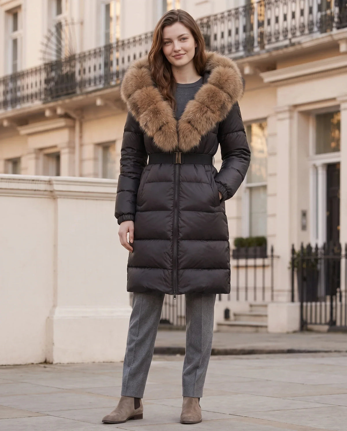 Long belted puffer jacket with a faux fur hood
