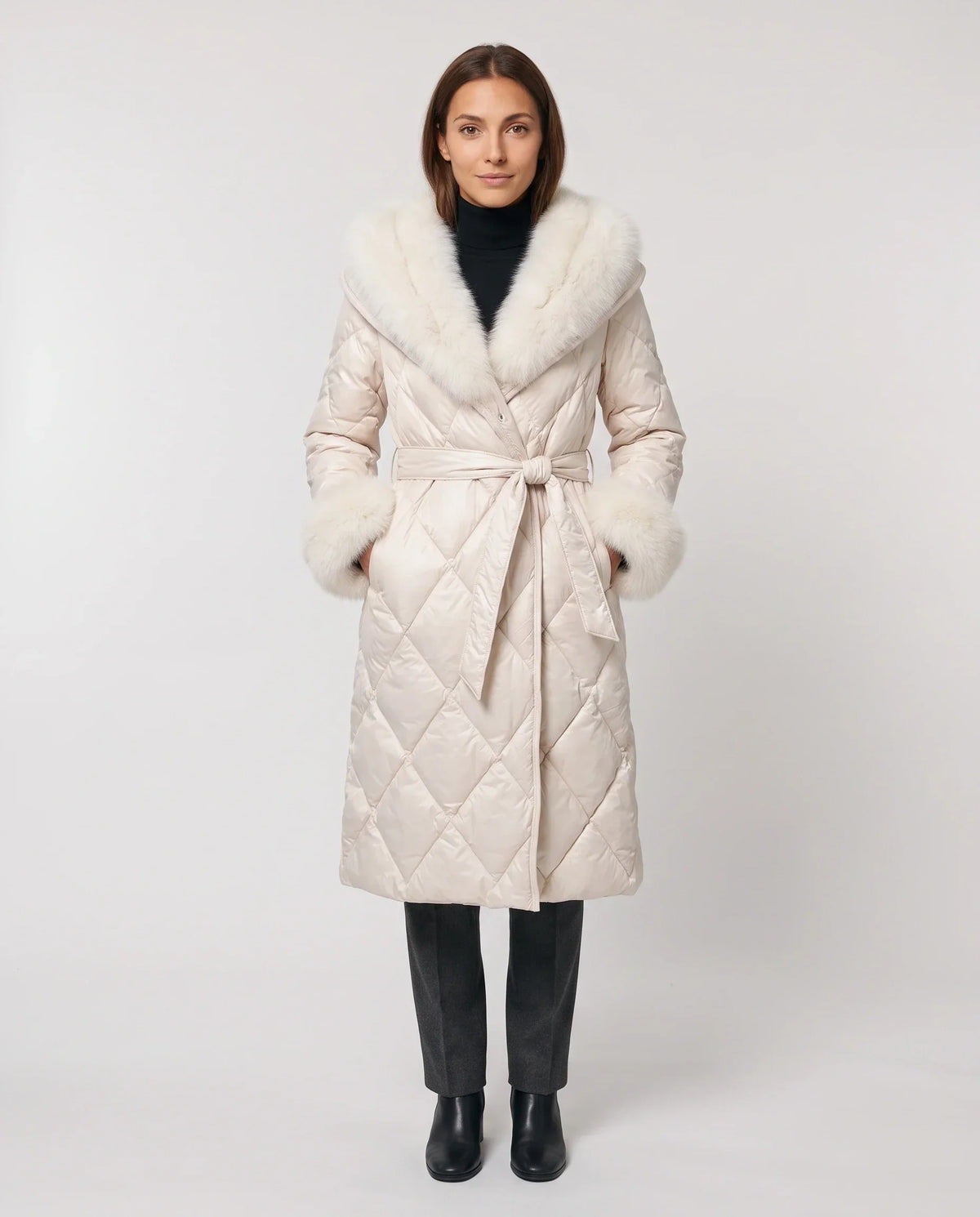 Long wrap-style puffer jacket with a fur-trimmed hood