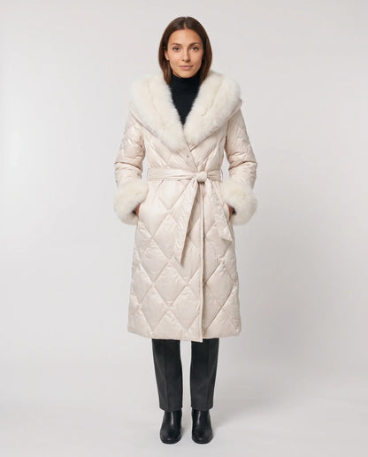 Long wrap-style puffer jacket with a fur-trimmed hood