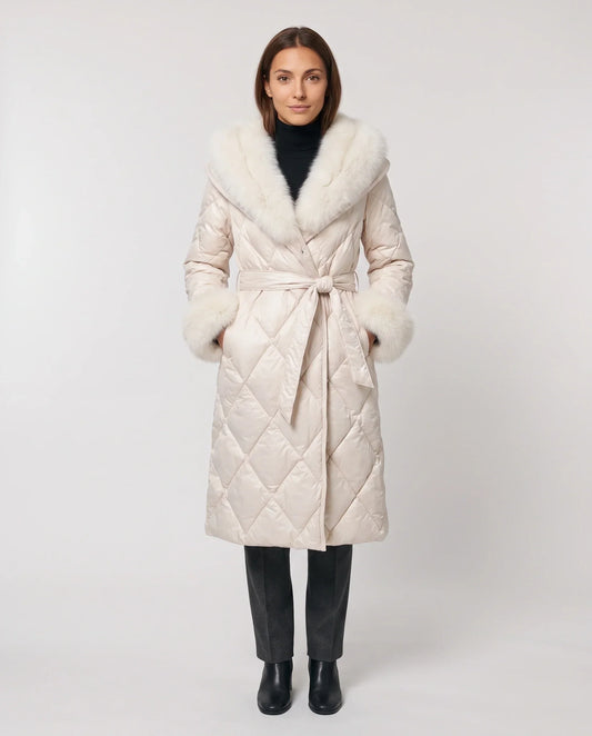 Long wrap-style puffer jacket with a fur-trimmed hood
