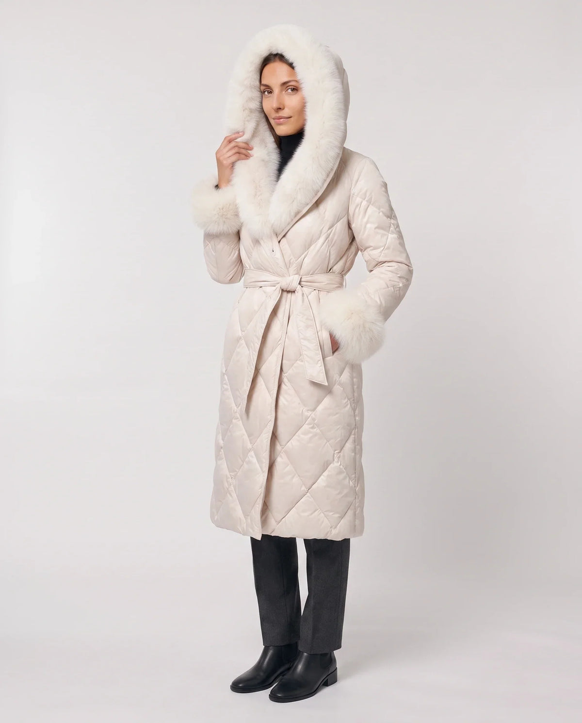 Long wrap-style puffer jacket with a fur-trimmed hood