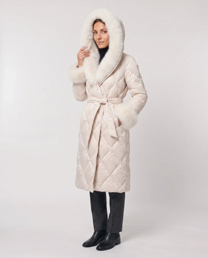 Long wrap-style puffer jacket with a fur-trimmed hood