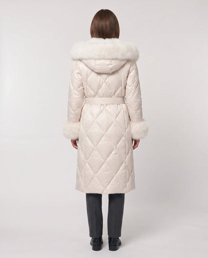 Long wrap-style puffer jacket with a fur-trimmed hood