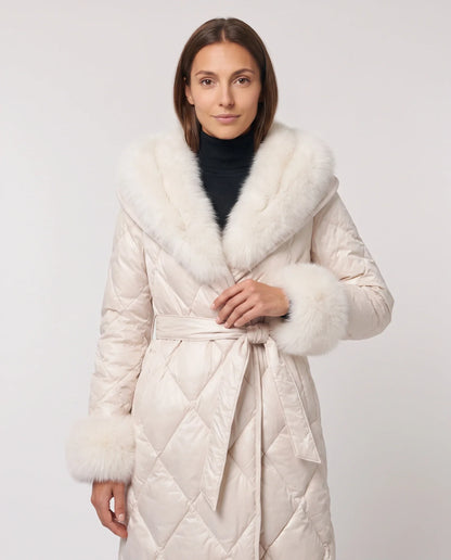 Long wrap-style puffer jacket with a fur-trimmed hood