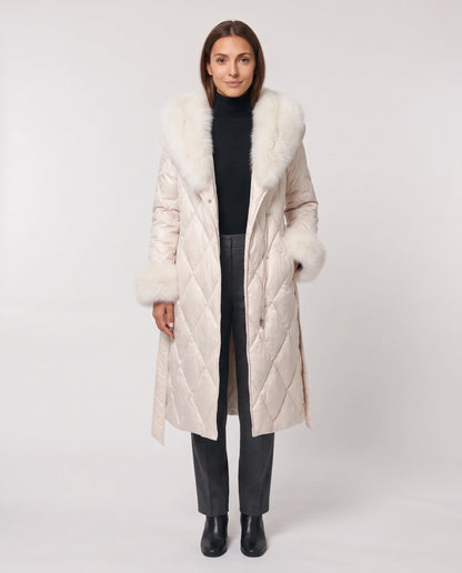 Long wrap-style puffer jacket with a fur-trimmed hood