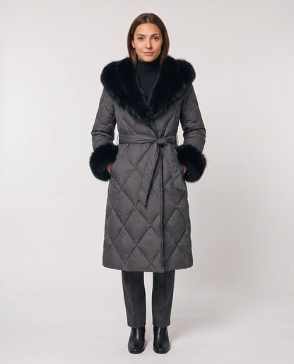 Long wrap-style puffer jacket with a fur-trimmed hood