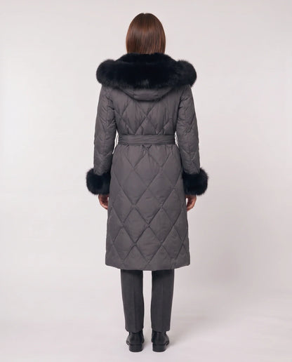 Long wrap-style puffer jacket with a fur-trimmed hood