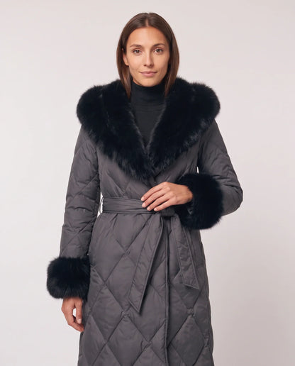 Long wrap-style puffer jacket with a fur-trimmed hood