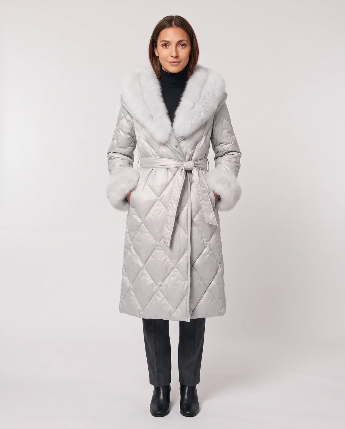 Long wrap-style puffer jacket with a fur-trimmed hood