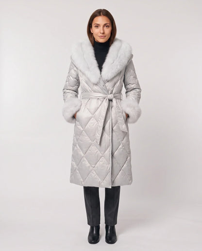 Long wrap-style puffer jacket with a fur-trimmed hood